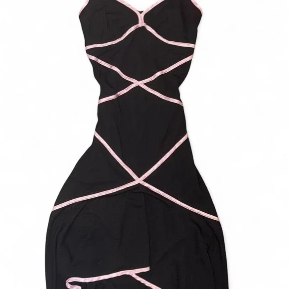 Vintage Y2K black slip dress pink trim balletcore coquette Blondie Nites - Picture 2 of 5